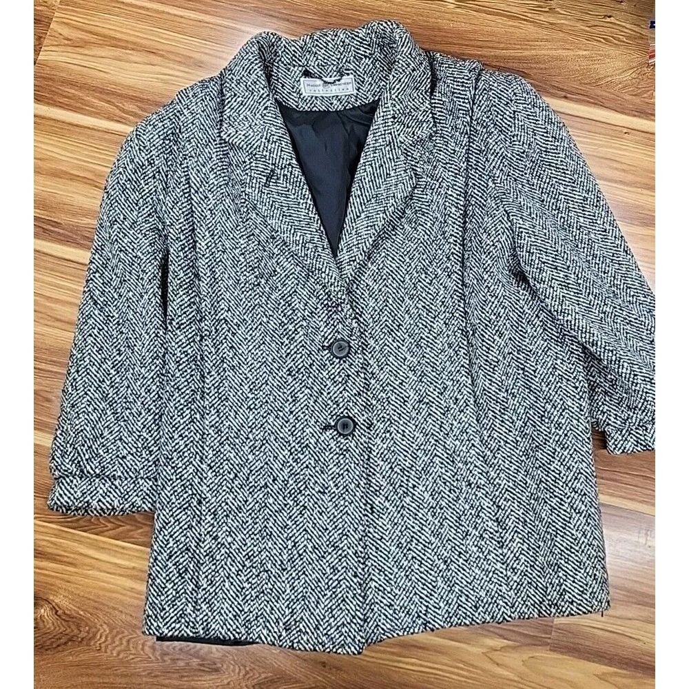 Vintage Tweed Wool Herringbone Coat Blazer‎ Womens Large Maggie Lawrence 80s 90s